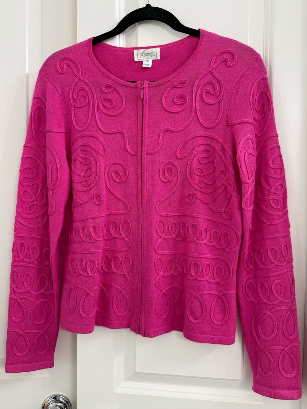 Foxcroft Women's Bright Fuchsia Zip-Front Textured Cardigan Soutache Swirl